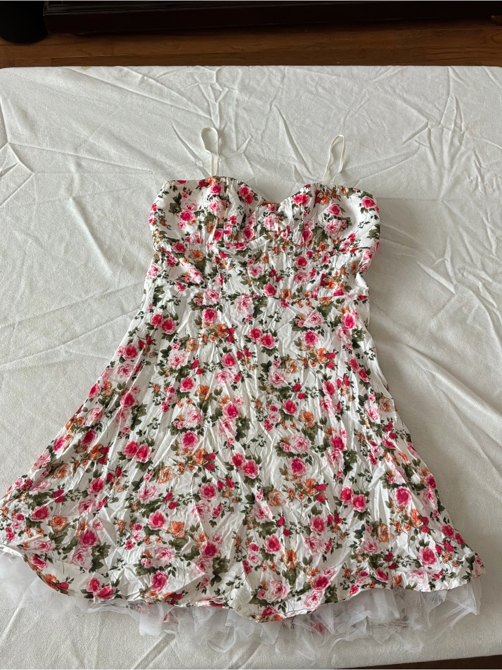 **** Emerald Sundae White Floral Spaghetti-Strap Dress with Pink Roses b5 ****